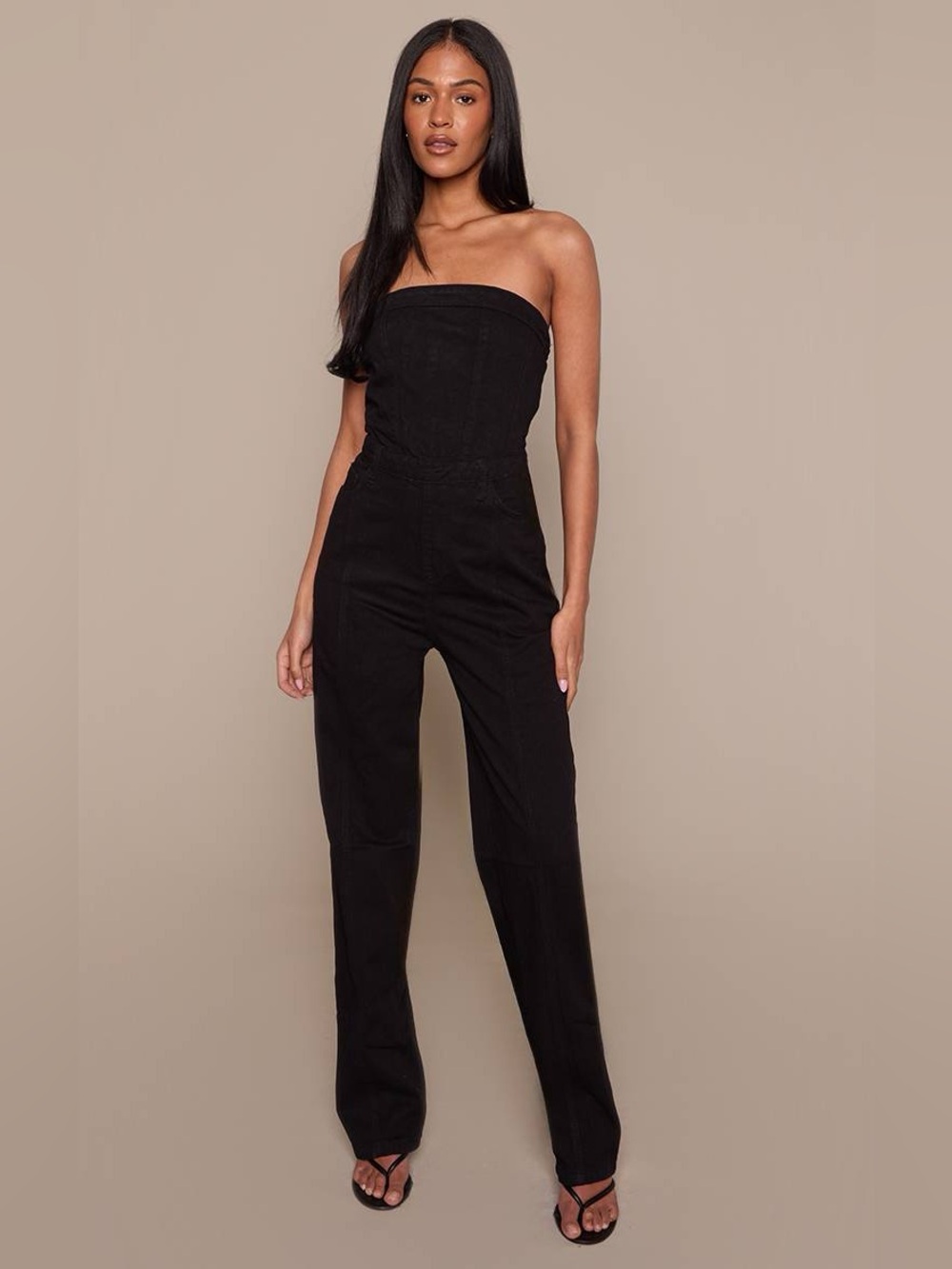 PrettyLittleThing Tall Bandeau Denim Straight Leg Jumpsuit Black Size 6